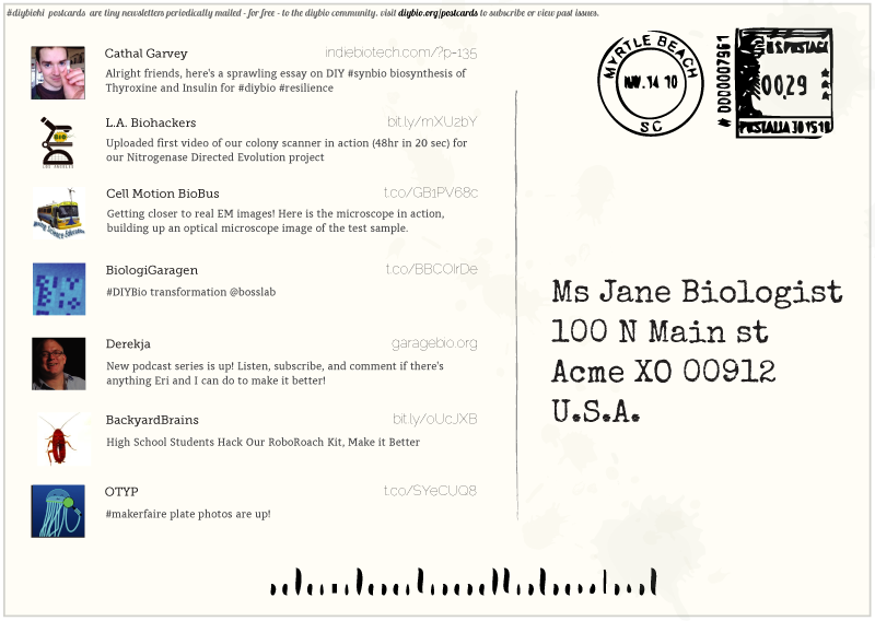 Mockup of the back of a DIYbio postcard, showing the micro-update layout