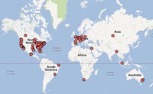 Map of Vol. 1 postcard subscribers, spanning six continents
